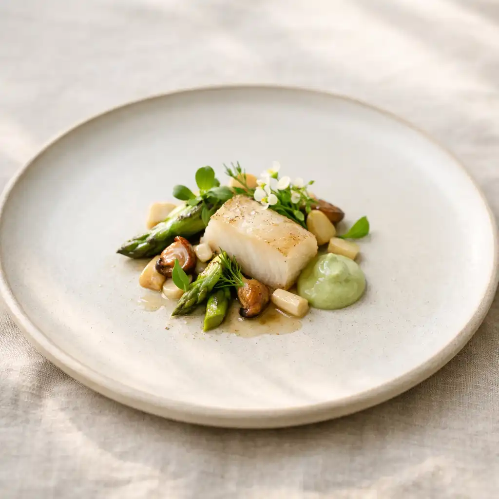 Fine dining fogás természetes fényben, minimalista tálalás
