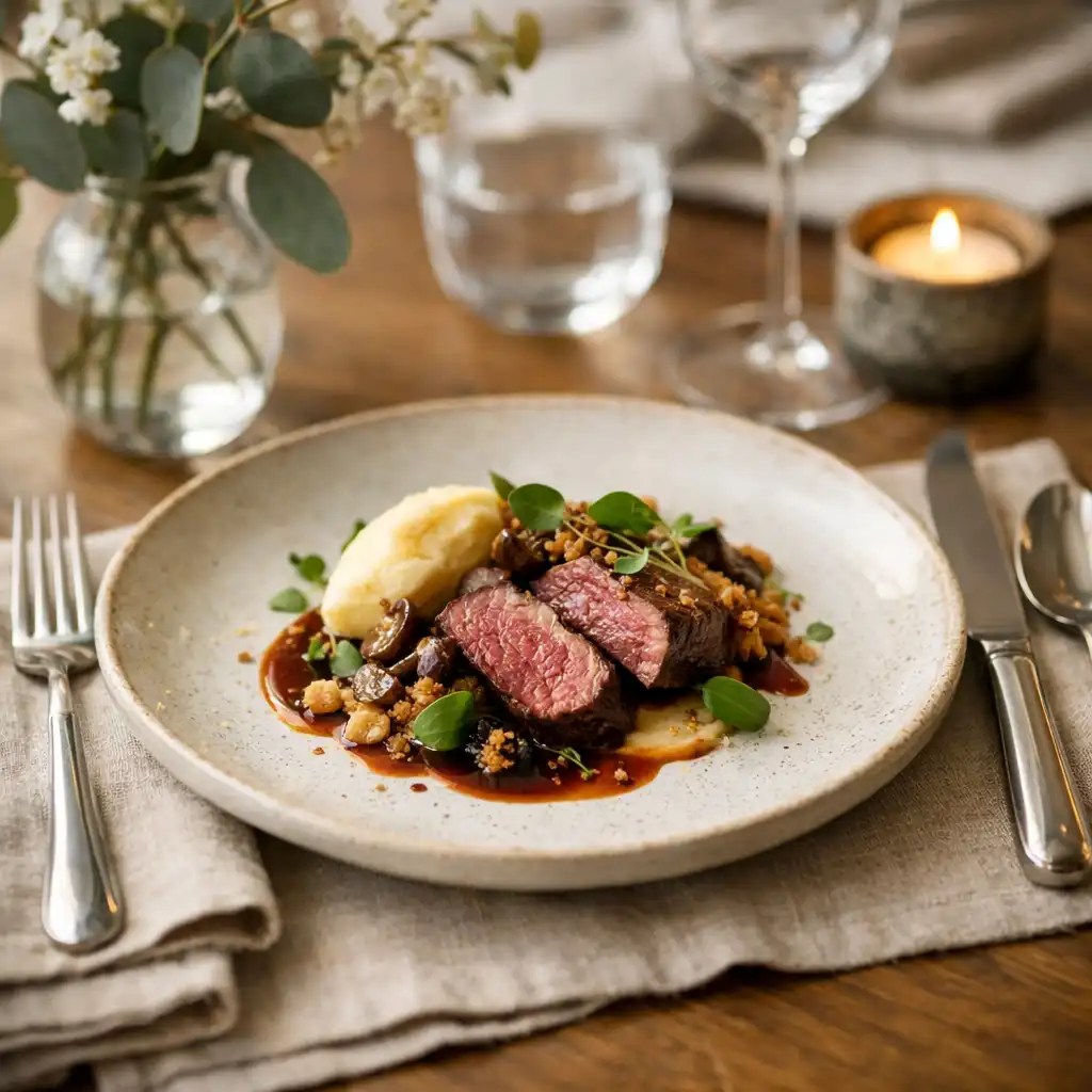 Kifinomult fine dining teríték és étel részlet