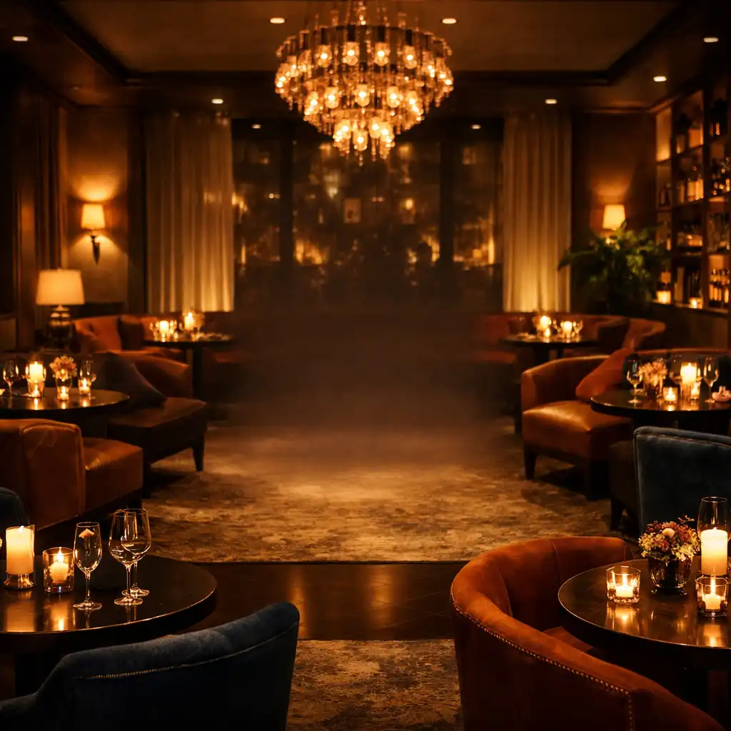 Meleg hangulatú esti éttermi lounge, elegáns környezet